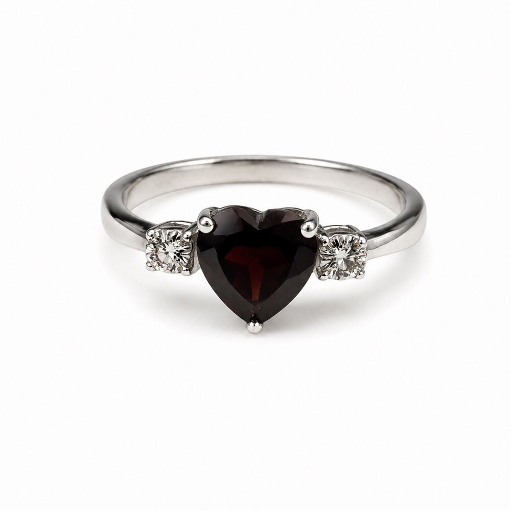 925 Sterling Silver Heart Cut Garnet with White Beryl Stones Ring Size 10